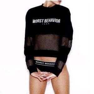 Letter Print Mesh/Fishnet Midriff Top